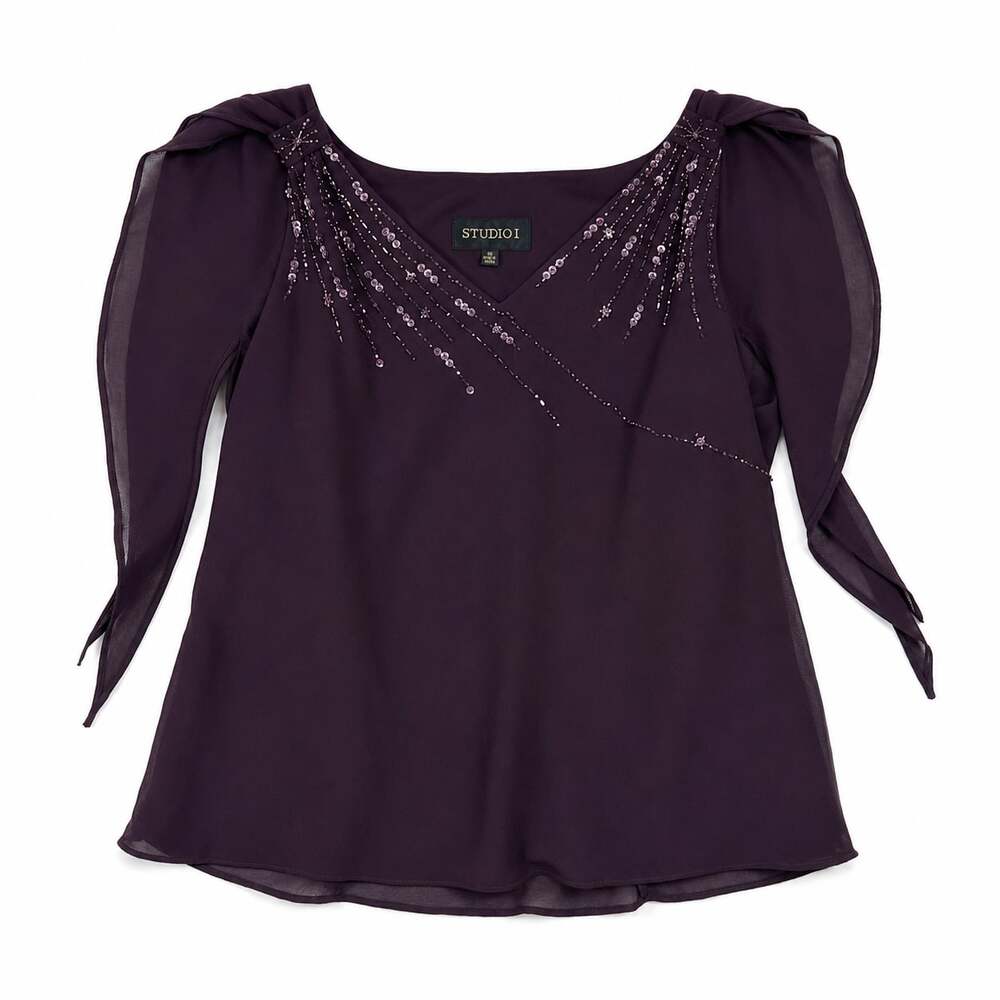 Studio I Plum Purple Chiffon Blouse with Beaded Neckline and Sheer Split Sleeves